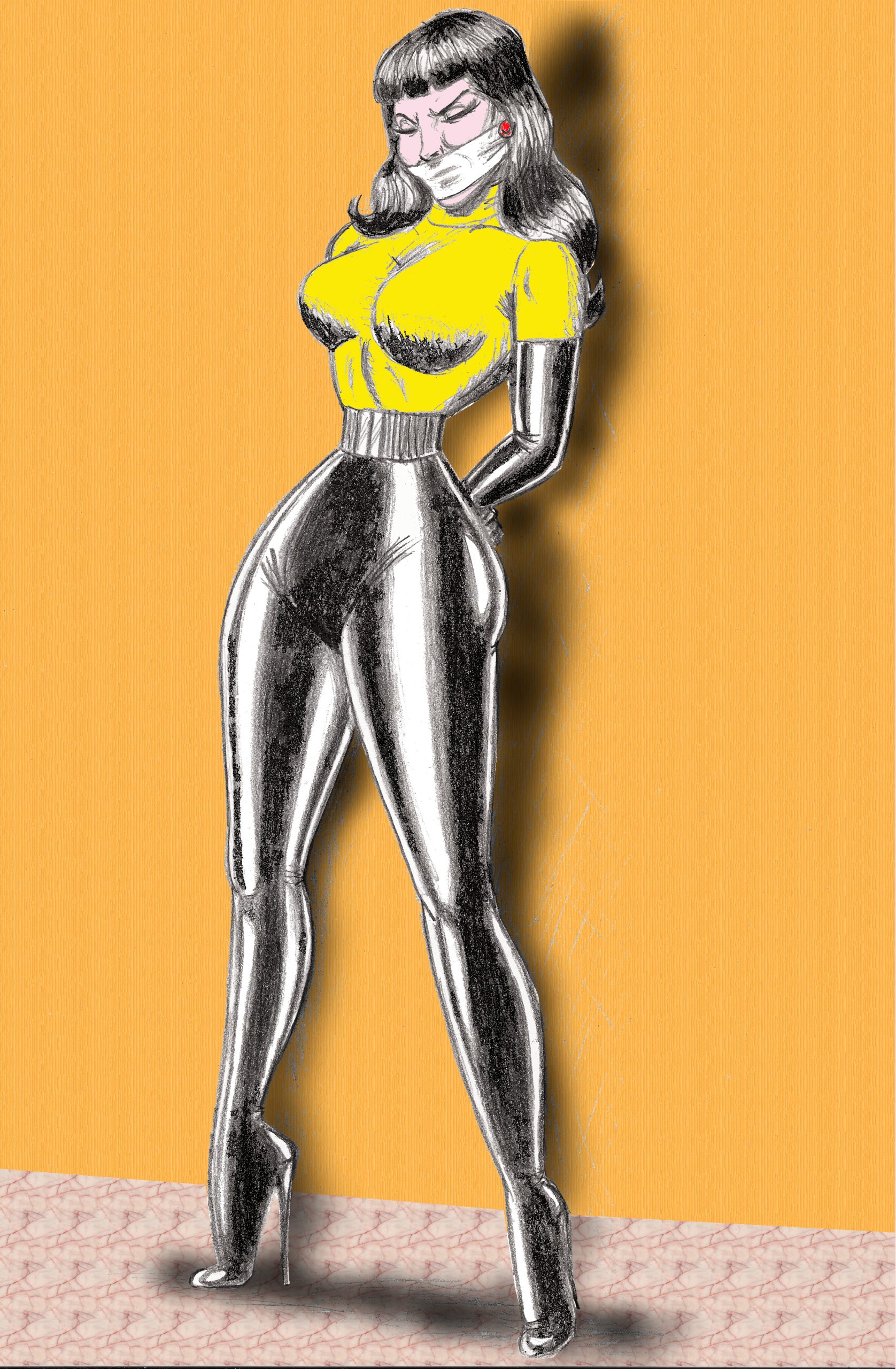 Betty Page black rubber tights and yellow sweater